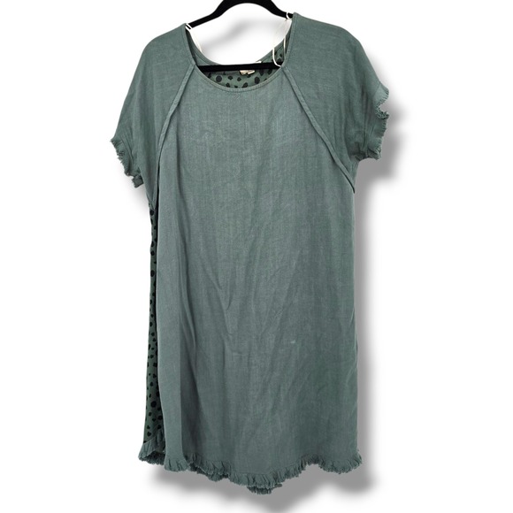 Umgee USA Linen Blend Dress Frayed Hem Casual Green Black Dots M - Picture 1 of 11